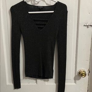 Express Gray Sparkle V-Neck Long Sleeve Top